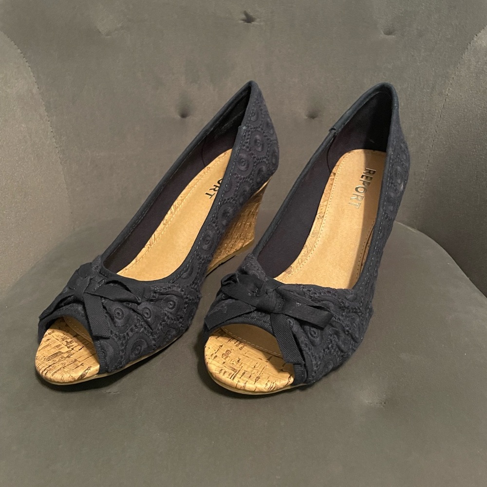 Navy lace wedges